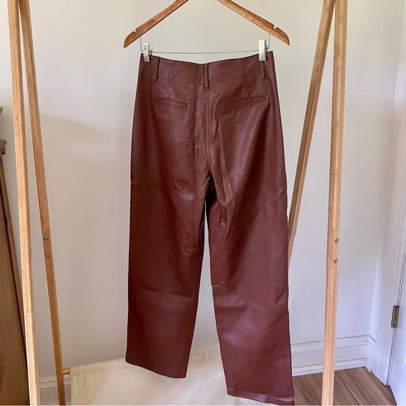 Aritzia Wilfred Free High Waisted Straight Leg Vegan Leather Pants in Chocolate - Picture 4 of 5